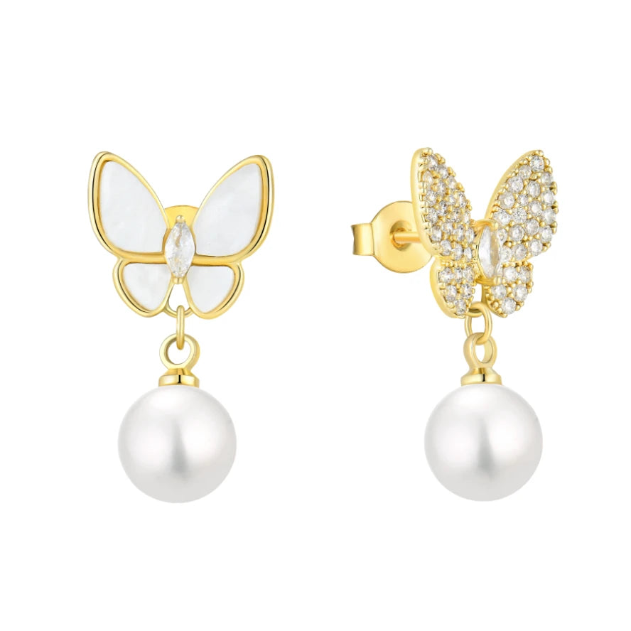 925 Sterling Silver Butterfly Pearl Drop Earrings for Women Gold Plated