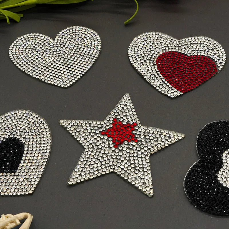 Fashion Pentacle Heart Shape Full Rhinestone Iron on Patches Hot Fix Glue on Stickers for Clothes T-shirt Applique Patches