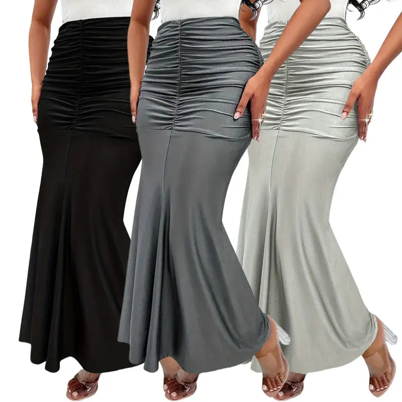 Ruched Solid Color Mermaid Skirts Jupes Pour Femmes Elegant High Waist Bodycon Ankle Women's Long Knit Skirt