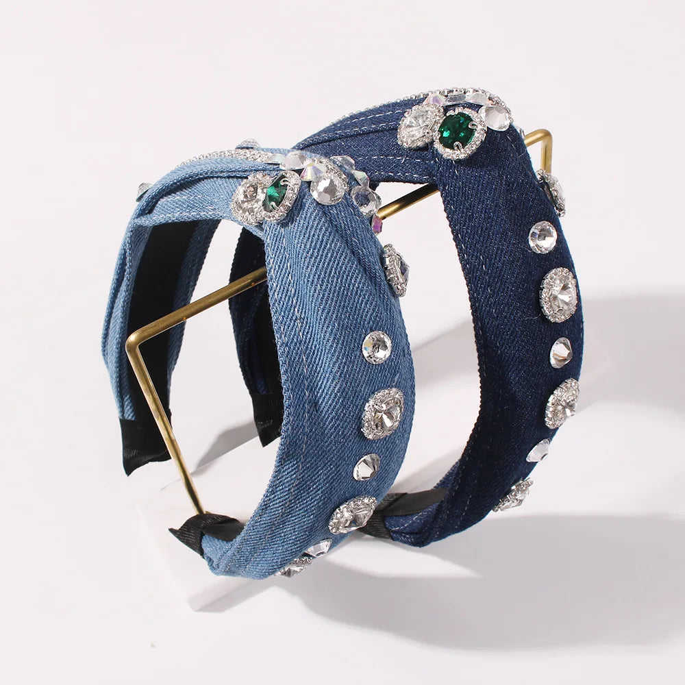 HOVANCI Shining Glass Drill Embellished Blue Denim Headband Simple Wide Jean Fabric Twist Bow Knot Hairbands for Women Head Wear