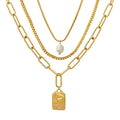 Fenny 18K Gold Plated Wholesale No Fade Multi-layer Elegant Fresh Water Pearl Face Rectangle Pendant Stainless Steel Necklace