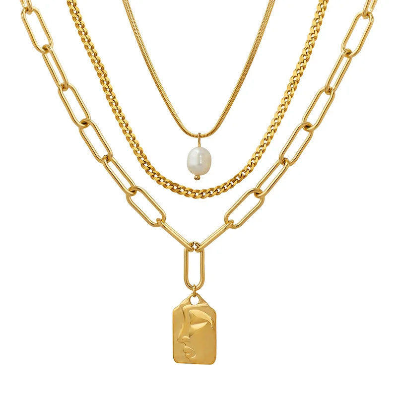 Fenny 18K Gold Plated Wholesale No Fade Multi-layer Elegant Fresh Water Pearl Face Rectangle Pendant Stainless Steel Necklace