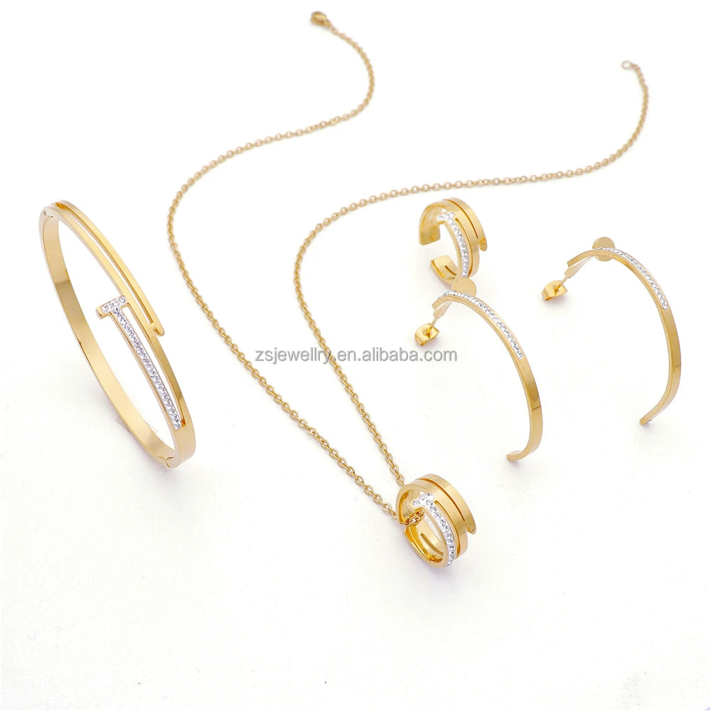 New Stainless Steel Nickles Women Stone Gold Plated Diamond Zircon Set Women Ethiopian Wedding Sets Jewelry Set Bridal