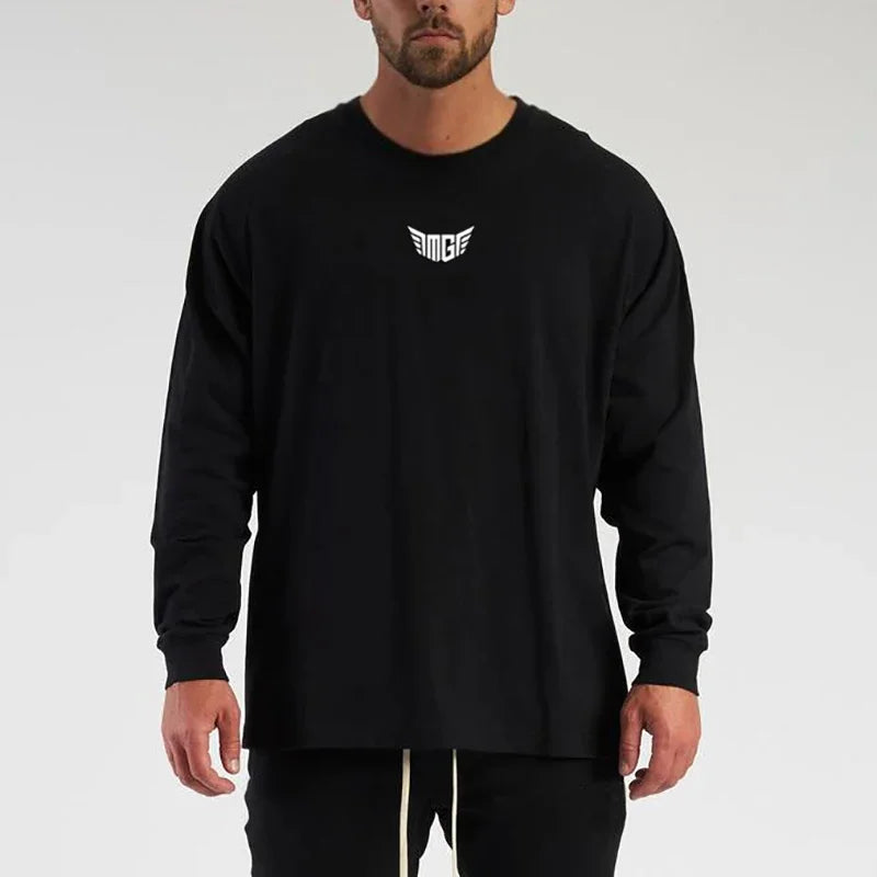 Muscleguys Brand Gym Clothing Autumn Cotton Fitness Mens Oversized Long Sleeve T Shirt Spring O-neck Loose Bodybuilding T-shirt