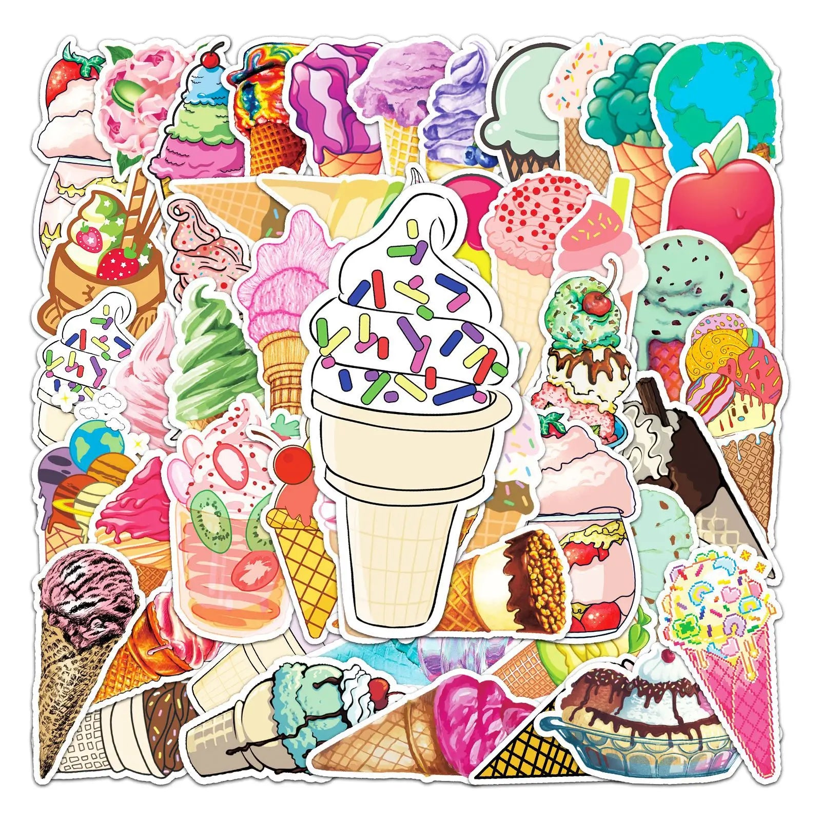 50 Pcs Colorful Delicious Ice Cream PVC High-quality Durable Stickers for Phone Case Guitar Suitcase Water Bottle and Books