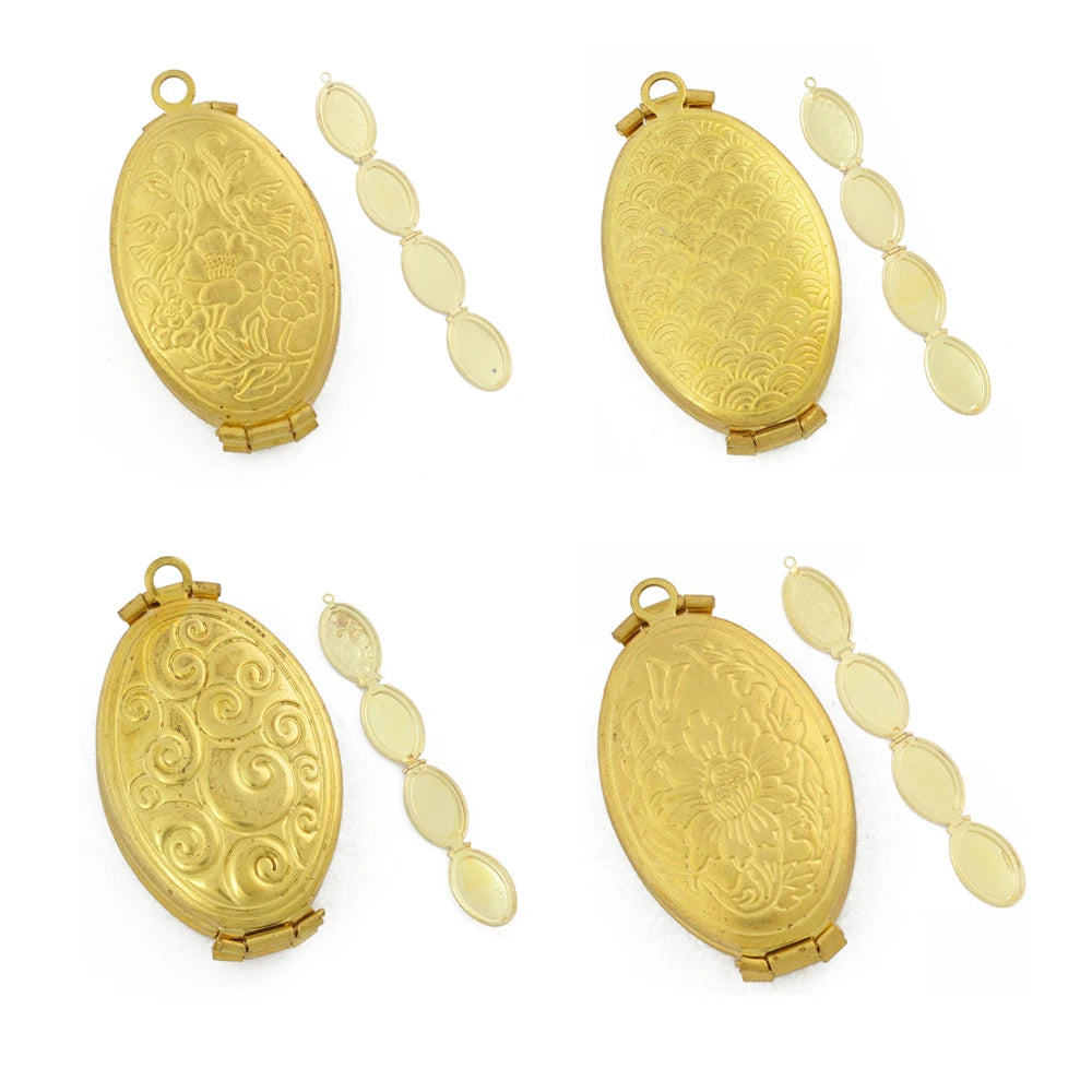 Wholesale Brass Engraved Gold Plated 4 Pictures Locket Necklace Oval Locket Pendant Photo Frame Jewelry for Couples