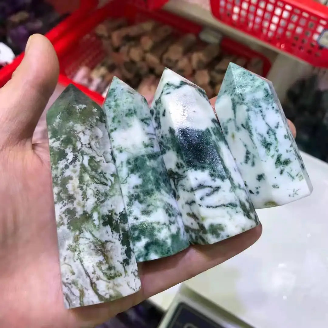 Wholesale Fashion Custom Natural Healing Stones Moss Agate Points Spiritual Wands Feng Shui Tower for Meditation