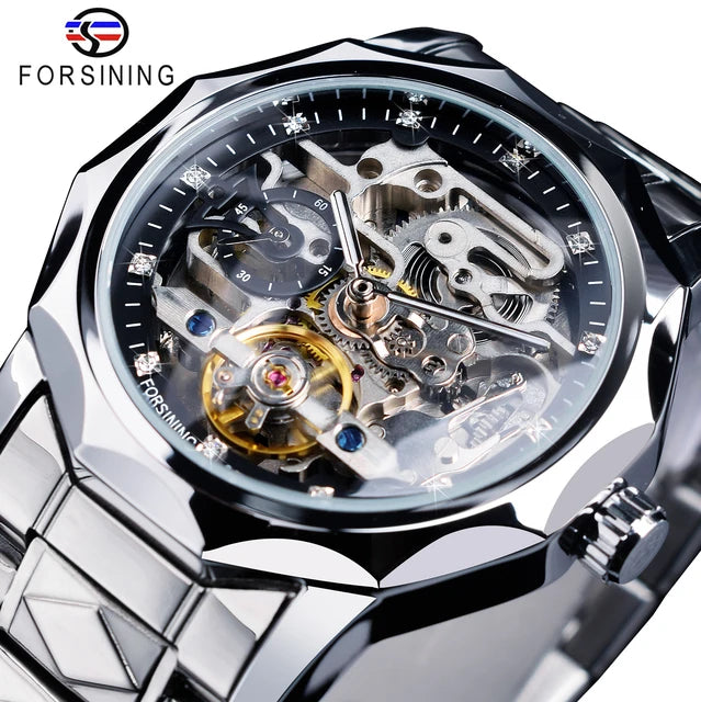 Forsining Automatic Watch Man Waterproof Skeleton Mechanical Clock Luxury Tourbillon Diamond Men Wristwatches Relogio Masculino