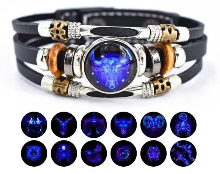 Trendy Leather Zodiac Bracelets Horoscope Bracelets  Vintage Punk Black Leather Bracelets Gifts for Men