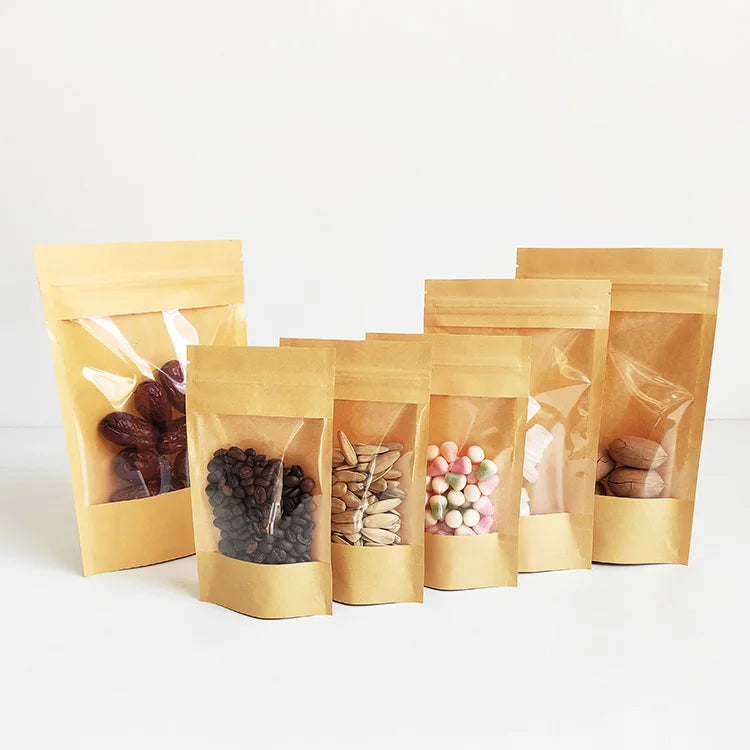 10.5x18.5cm New Product Ziplock Kraft Stand up Pouch Food Grade Heat Sealable Kraft Paper Bag with Large Display Window