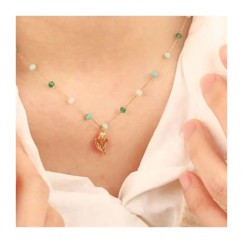 Chris April 316L Stainless Steel PVD Plated Color Zirconium Tulip Flower Pendant Satellite Chain Necklace