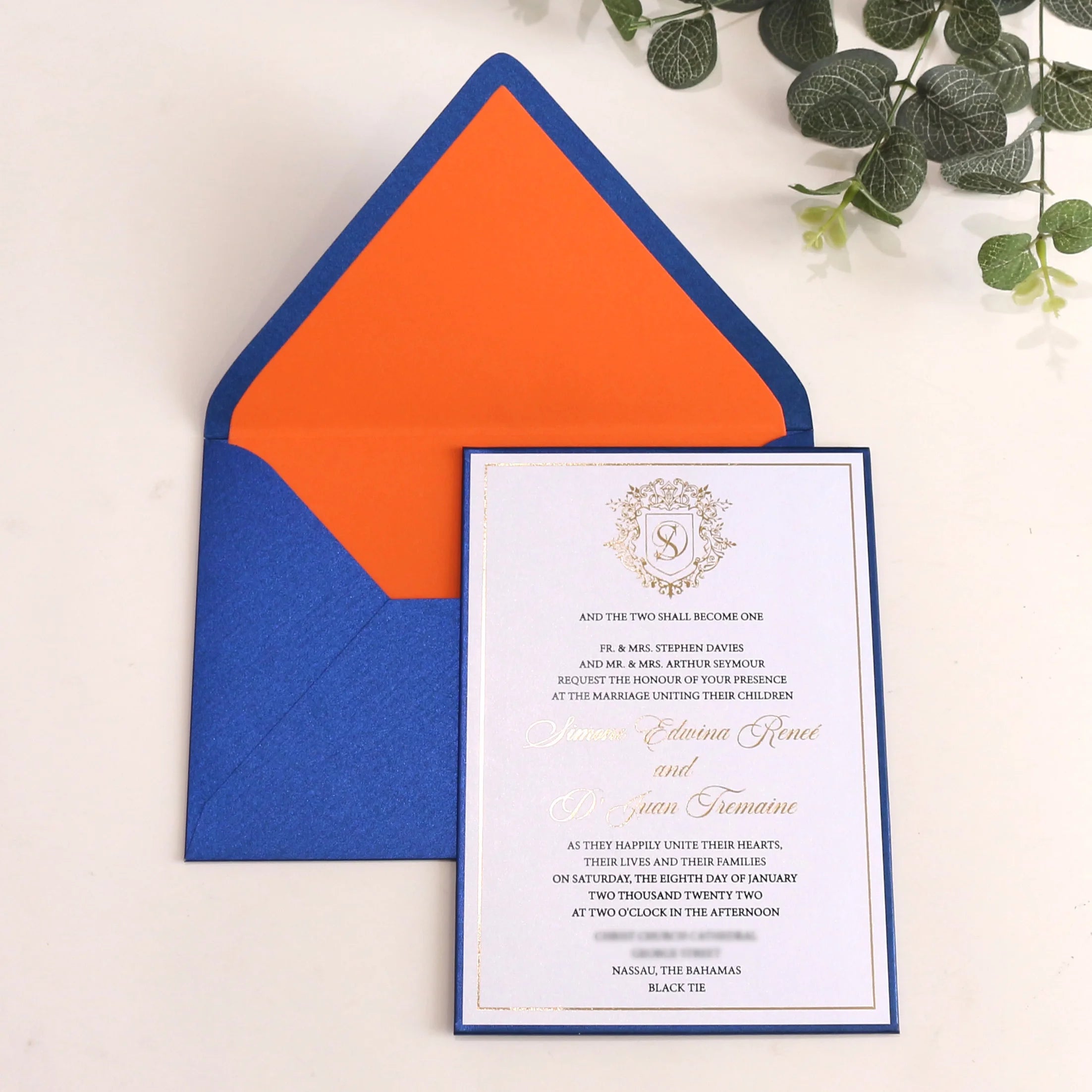 Quinceanera Invitation Royal Blue Invites A5 Size Single Hardboard Wedding Invitation With Orange Lined Envelope
