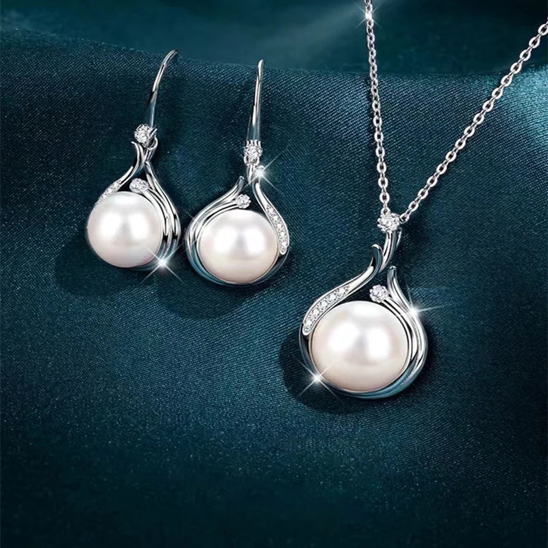 Hainon S925 Sterling Silver Plated Earring Necklace Natural Freshwater Pearls Crystal Flower Pendant Gift