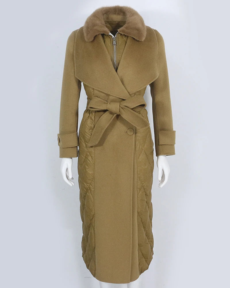 OFTBUY 2023 New Winter Women Long Belted Woolen Stitching Goose Down Jacket Big Pockets Long Trench Stitching Down Coat