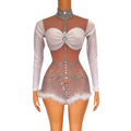 Mono Mujer 2022 See Through Mesh Feather Rhinestone Exotic Dancewear Club Outfits for Women Bodycon Jumpsuit Sexy Bodysuits