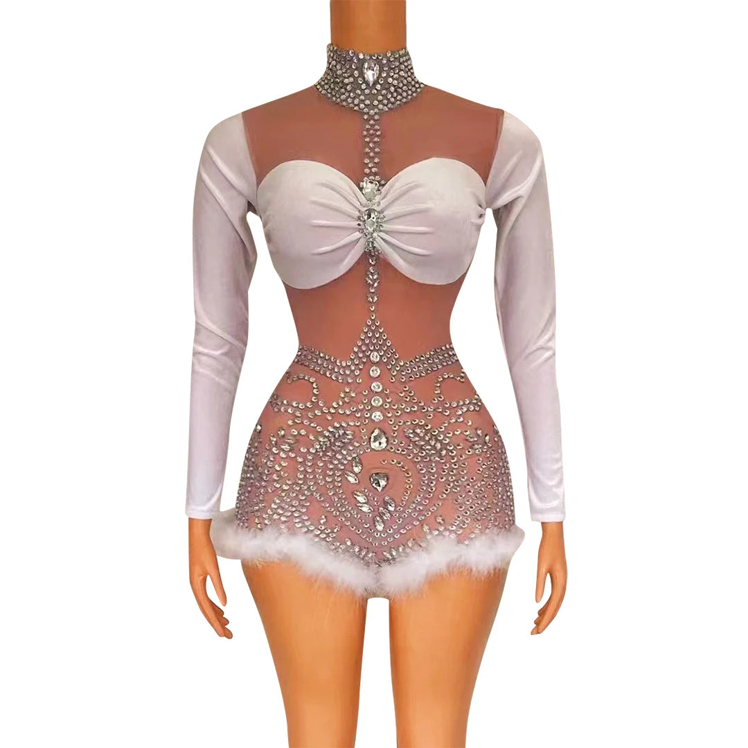 Mono Mujer 2022 See Through Mesh Feather Rhinestone Exotic Dancewear Club Outfits for Women Bodycon Jumpsuit Sexy Bodysuits