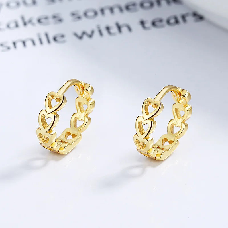 Fashion Jewelry 925 Sterling Silver Earring Hollow love Heart Gold Plated Hoop Earrings Women Valentine's Day