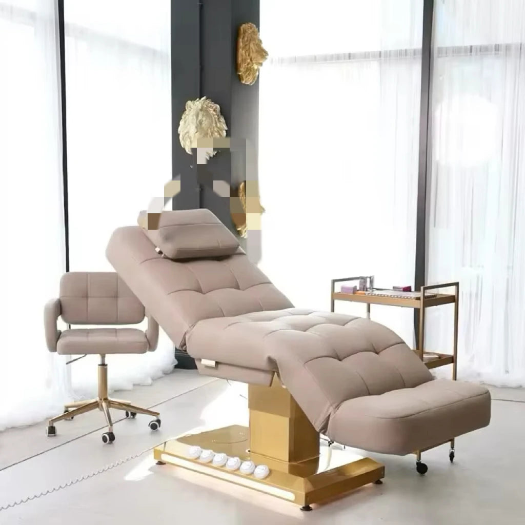 Foldable Adjustable Golden Stainless Steel Base Modern Electric Massage Table for Facial Beauty Treatments Lighted Lash Bed