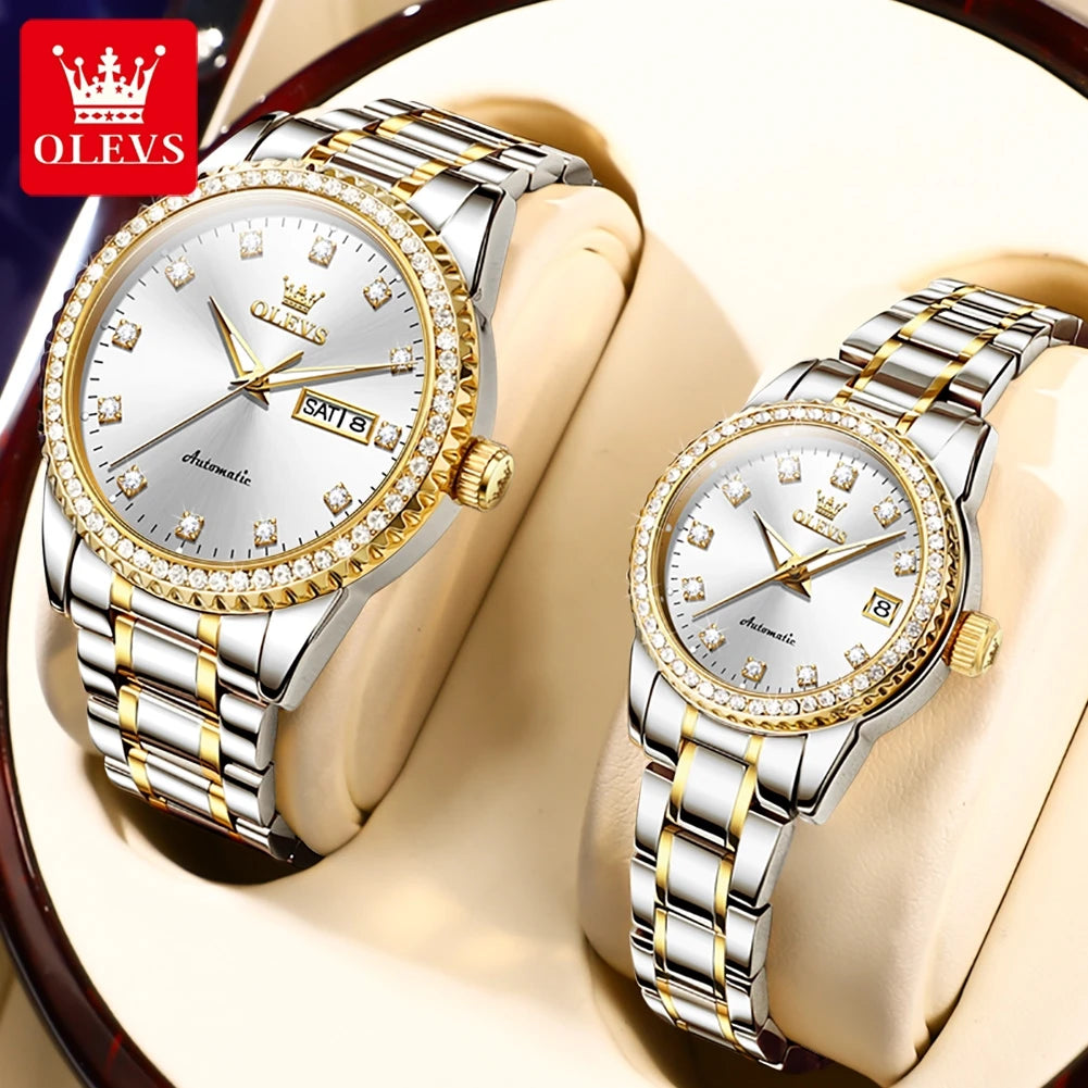 OLEVS 7003 Custom OEM Men Mechanical Watch Luxury Lovers Diamond Calendar Stainless Steel Wristwatch Couple Mechanical Watch