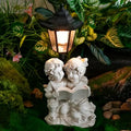 Solar-Powered Children Reading Figurine with Lantern Garden Decor AccentLight-Up Art OrnamentUnique Whimsical Piece for Patio
