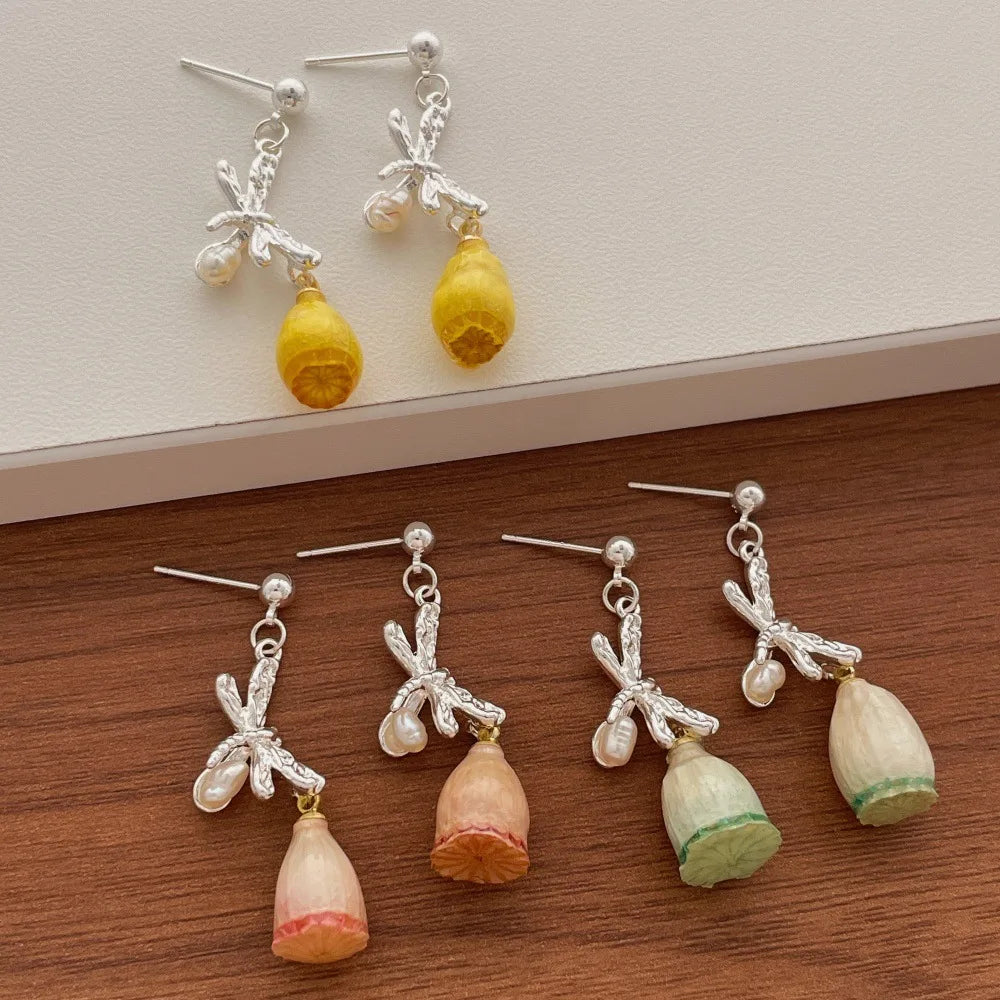 Textured Metal Dragonfly Earrings Multi Color Tulip Bud Resin Pendant Earrings Delicate Daily Wear Cottagecore Accessories