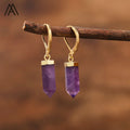 Women's Natural Gems Stone Hexagonal Crystal Point Pendant Hook Earrings Gold Plated Amethyst Labradorite Birthday Gifts