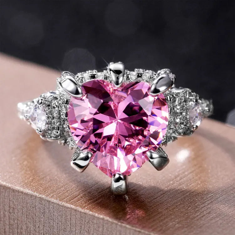 SC Romantic Heart Shaped CZ Stone Diamond Propose Marriage Wedding Rings Women Luxury Silver 10mm Big Pink Zircon Heart Rings