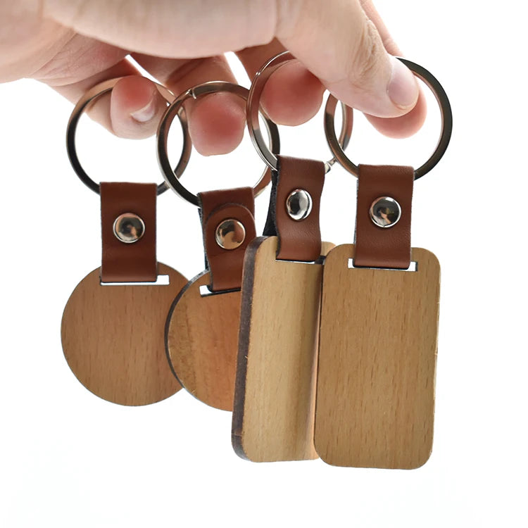 Wholesale Wood Laser Blanks Key Ring Engraving Custom Leather Key Chain Wooden Keychain for Gift