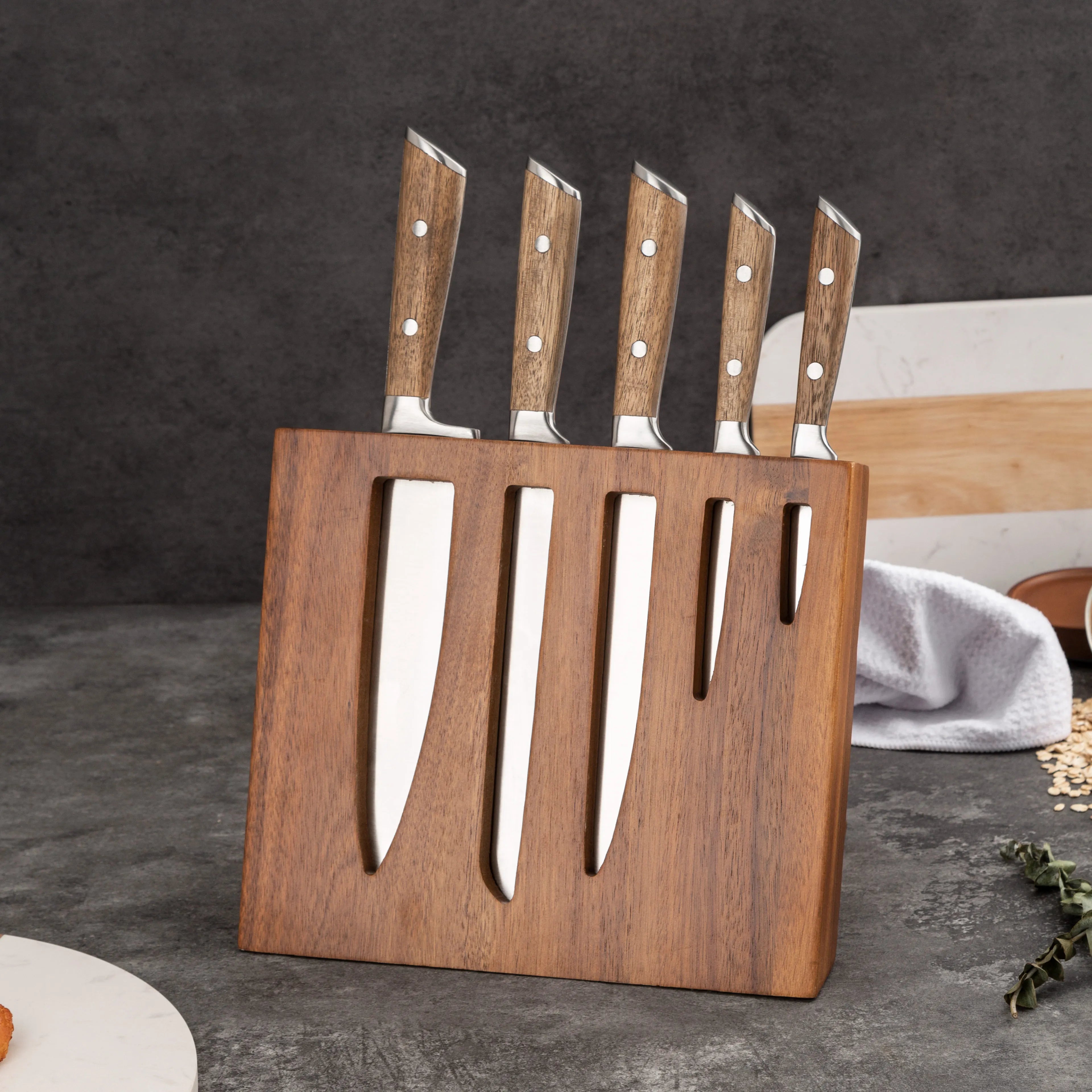Professional Custom 6-Piece Stainless Steel Kitchen Knife Set Scalloped Edge Ambidextrous Chef Knife Wooden Acacia Block Handle