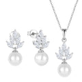 YILUN Elegant 925 Sterling Silver Pearl Earrings & Necklace Set Rhodium Plated Marquise CZ Stones Wedding Jewelry Set