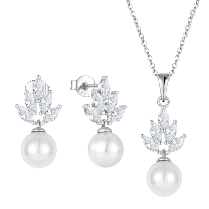 YILUN Elegant 925 Sterling Silver Pearl Earrings & Necklace Set Rhodium Plated Marquise CZ Stones Wedding Jewelry Set