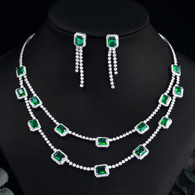 Generous Design Rectangle Cubic Zirconia Necklace and Earrings Set Wedding Bridal Party Green Jewelry Set for Women Accessories