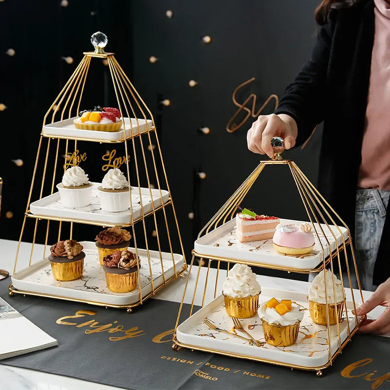 Nordic Three-Tier Ceramic Cake Stand Set for Wedding Party Birthday Includes Metal Tools for Dessert Display Dishes Plates