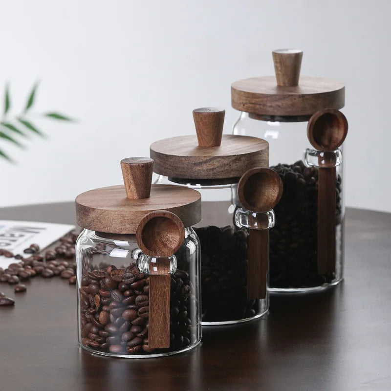 Wholesale Kitchen and Home Glassware Food Glass Container High Borosilicate Coffee Glass Jars Bottles With Wooden Lid and Spoon