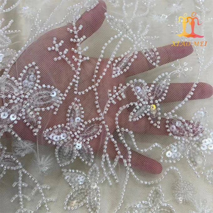 2022 New Style Eco-Friendly White Bridal Embroidered Cord Mesh Lace Fabric for Wedding Dress XM-BF0450