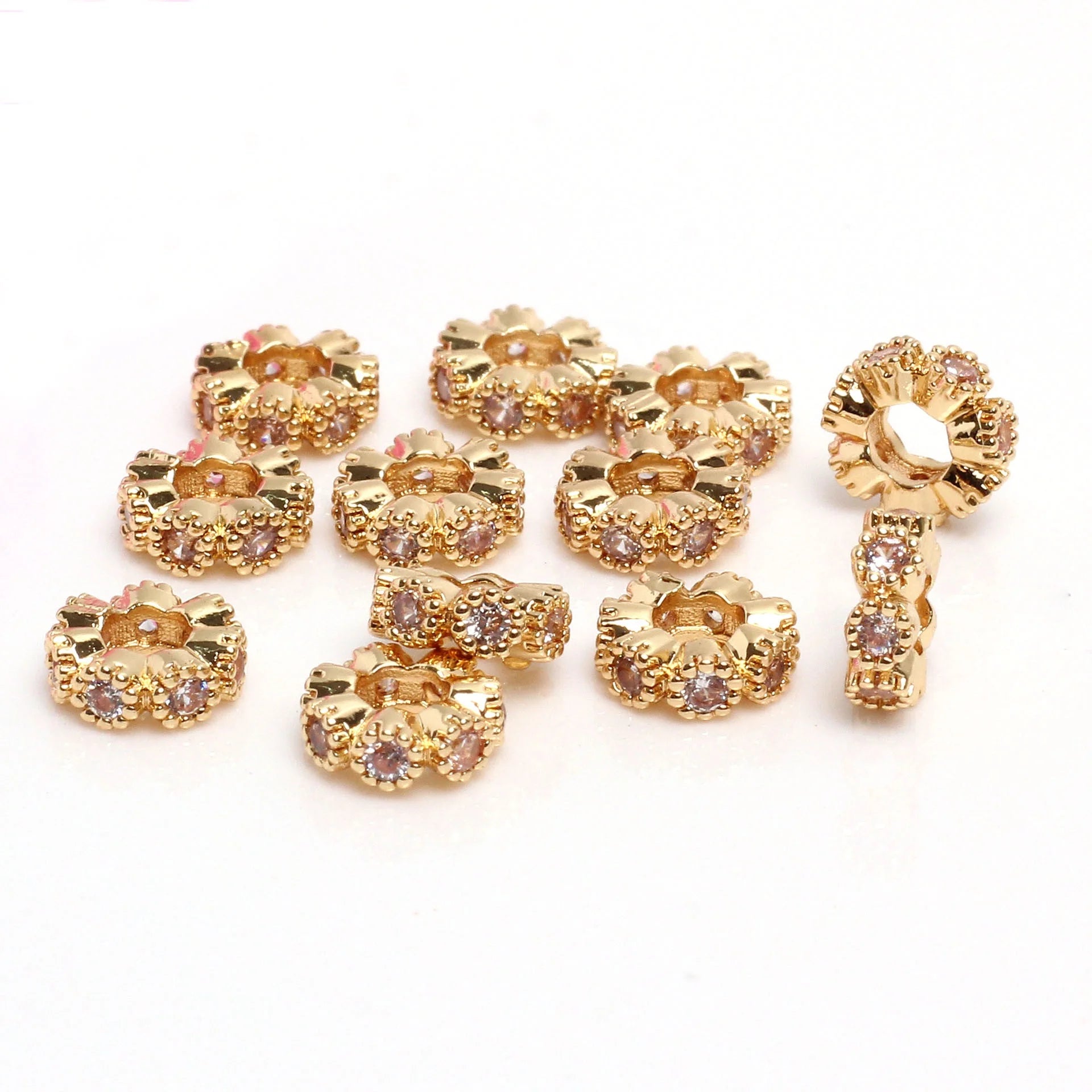 8/9/12mm Round Copper & Zircon Crystal Spacer Beads with 14k/18k Silver/Rose Gold Plating for DIY Charm Bracelet Jewelry Making
