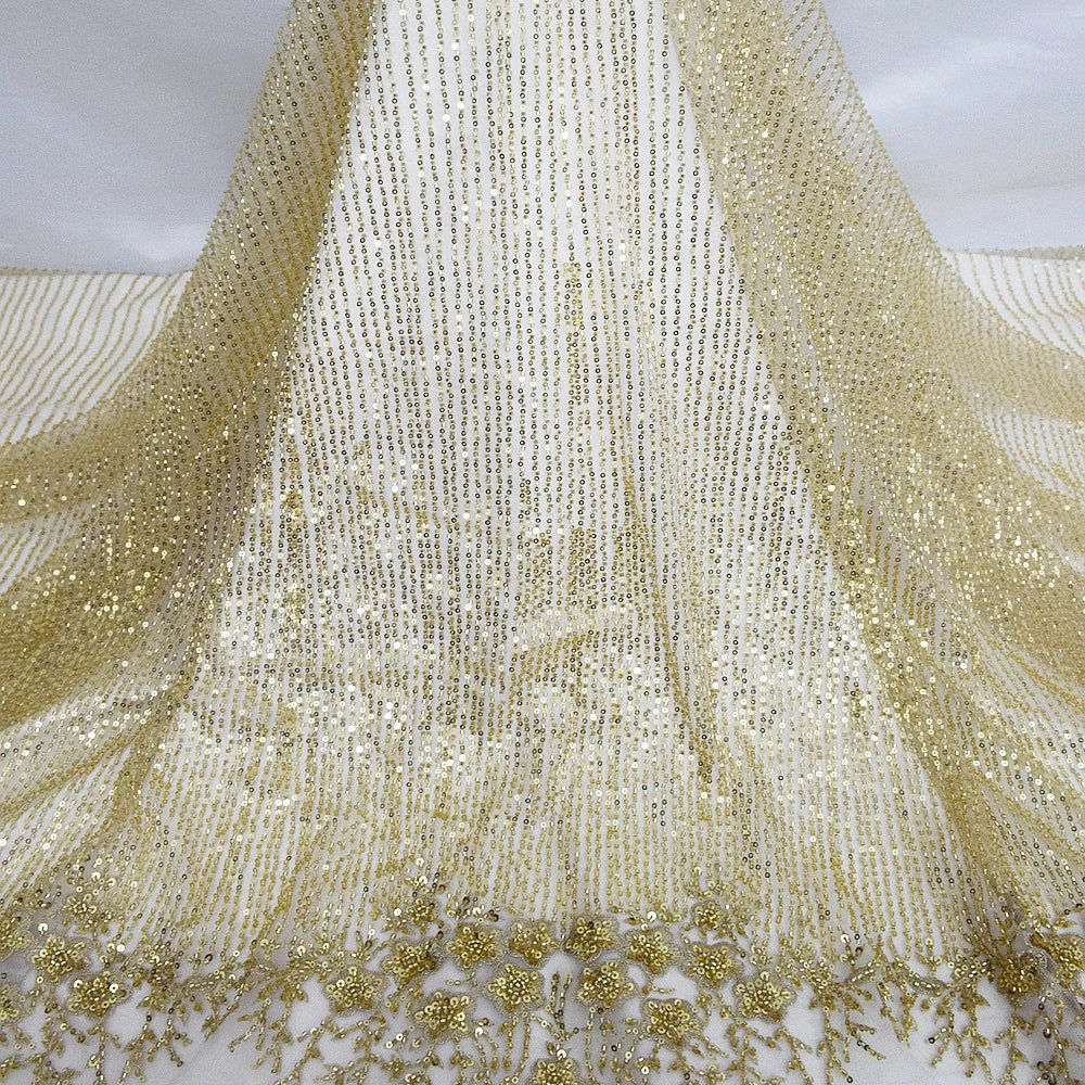 HY2488 High-end French Gold 3d Beads Flower Embroidery Lace Fabric Striped Lace With Sequins