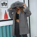 Janefur Hot Selling Grey Black fox Fur Collar and Fur Cuff Hood  Wool Coat Wholesale Women Cashmere Wool Fur Coat
