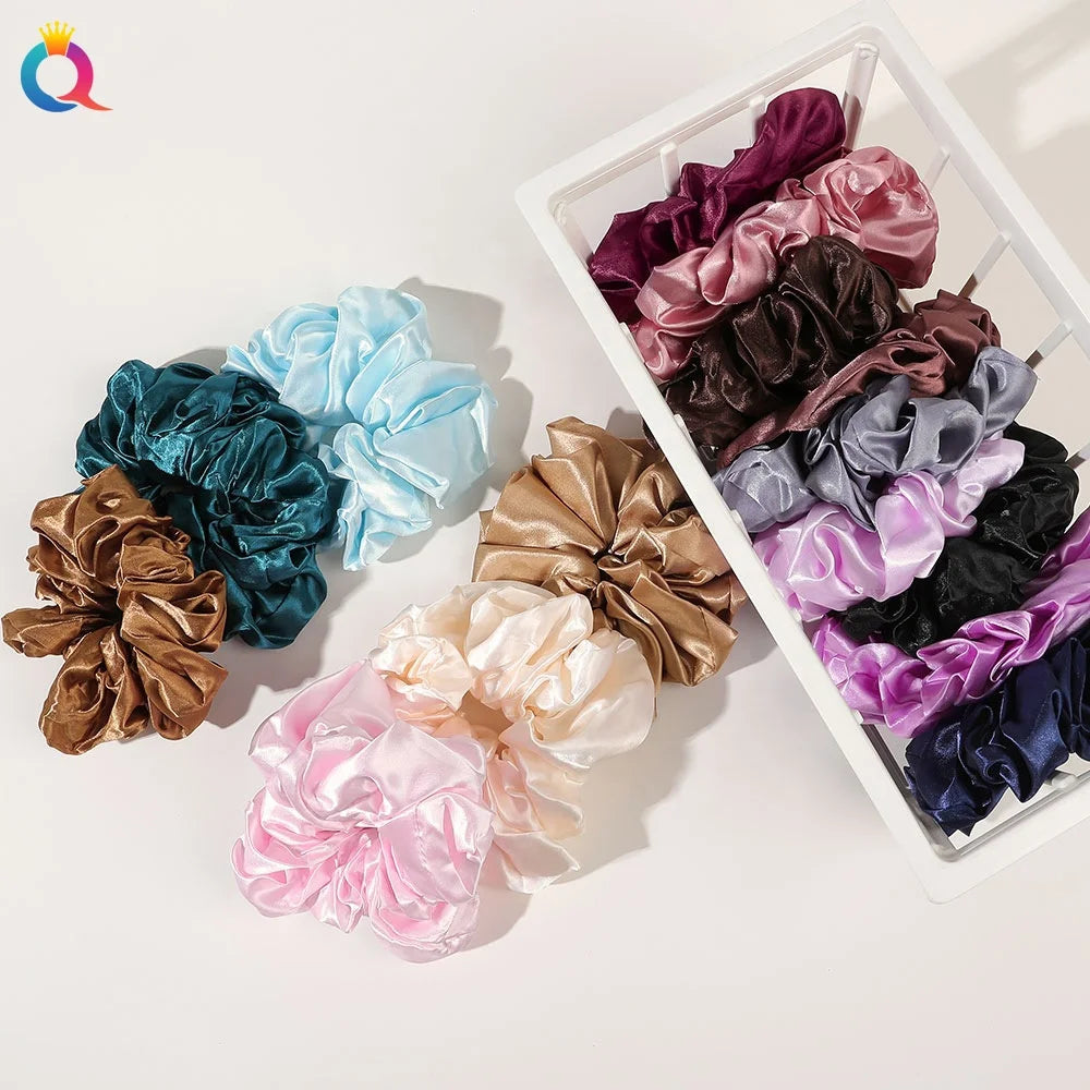 Oversized XL Solid Color Satin Scrunchie Hairbands for Women and Girls with Thick Hair Ponytail Holder