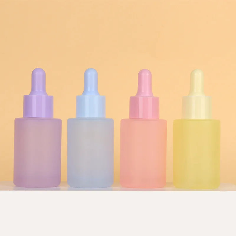 Popular Empty 30ml Matte pink Purple Flat Shoulder Essential Oil Glass Dropper Bottles for Skin Care
