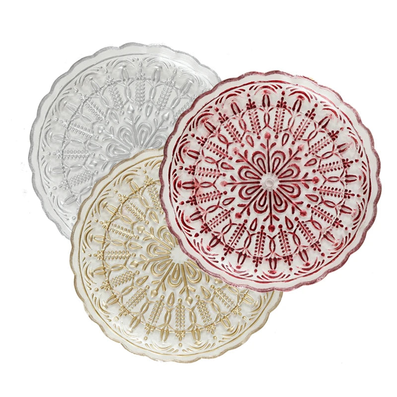 Factory Direct Eco-Friendly Handpainted Embossed Glass Charge Plate Dish Flat Bottom Gold Silver Rose Red Southwestern Style