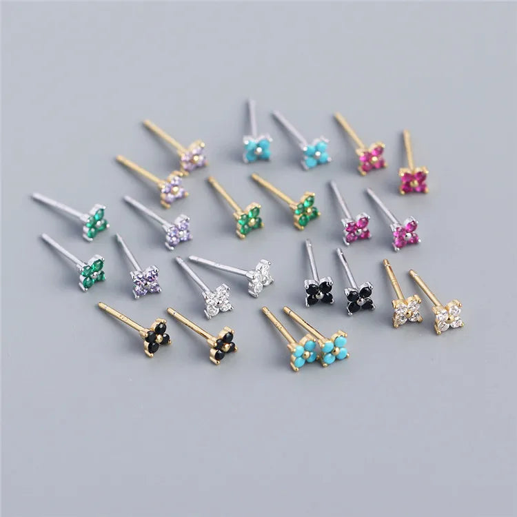 SP Minimalist Style Diamond Flower Shape Earrings Stud Earrings Turquoise S925 Sterling Silver Made Zirconia Handmade Jewelry