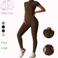 New Seamless Zipper Plus Size Yoga Bodysuit Short Sleeve Jumpsuit for Women Active Wear Solid Jumpsuit Women