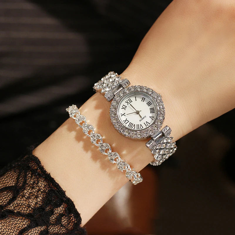 Women Luxury Watch Bling Bling Full Crystals Lady Watches Crystal  Rose Gold Bracelet Souvenirs Gift Sets