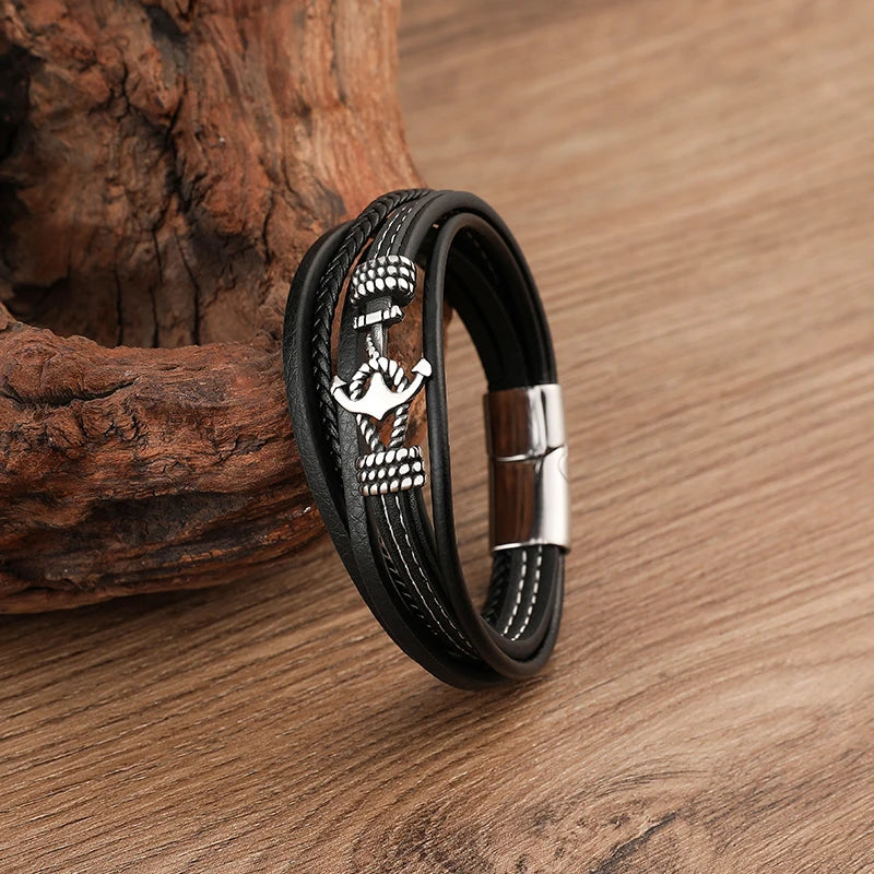 Mens Anchor Leather Bracelet Personalize Leather Sailor Bracelet Handmade Leather Cuff Bracelet