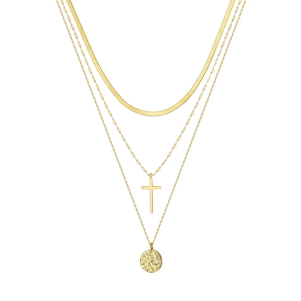 Dropshipping High Quality Snake Bones Necklace Jewelry 925  Sterling Silver Cross Circular Pendant 3 Layer Necklace for Women