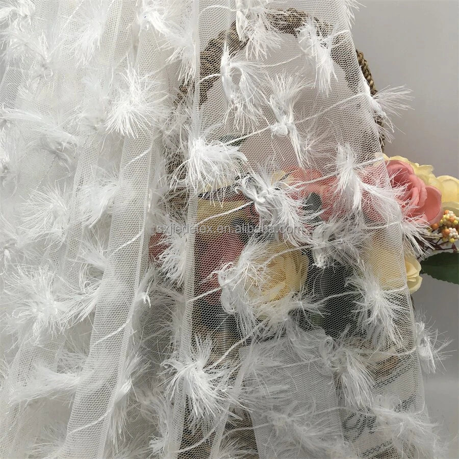 2024 French Bridal New Lightweight Breathable White Mesh 3d Embroidery Lace Feather Fabric