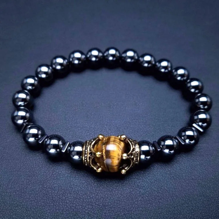 Wholesale Fashion Jewelry Natural Men Gemstone Crystal Healing Stone Quartz tiger Eye Beaded Crown Elastic Bead Bracelet
