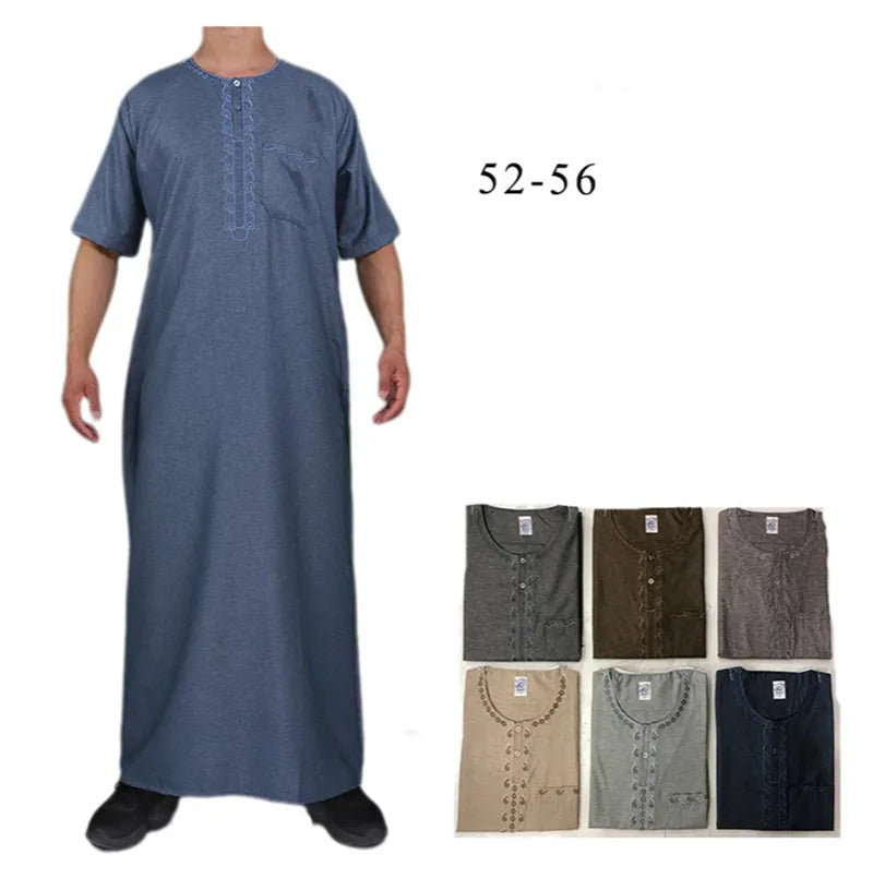 CCY 2025 Wholesale New Arab Men Thobe Abaya Short Sleeves Muslim Islamic Clothing with Pocket Embroidered Morocco Thobe