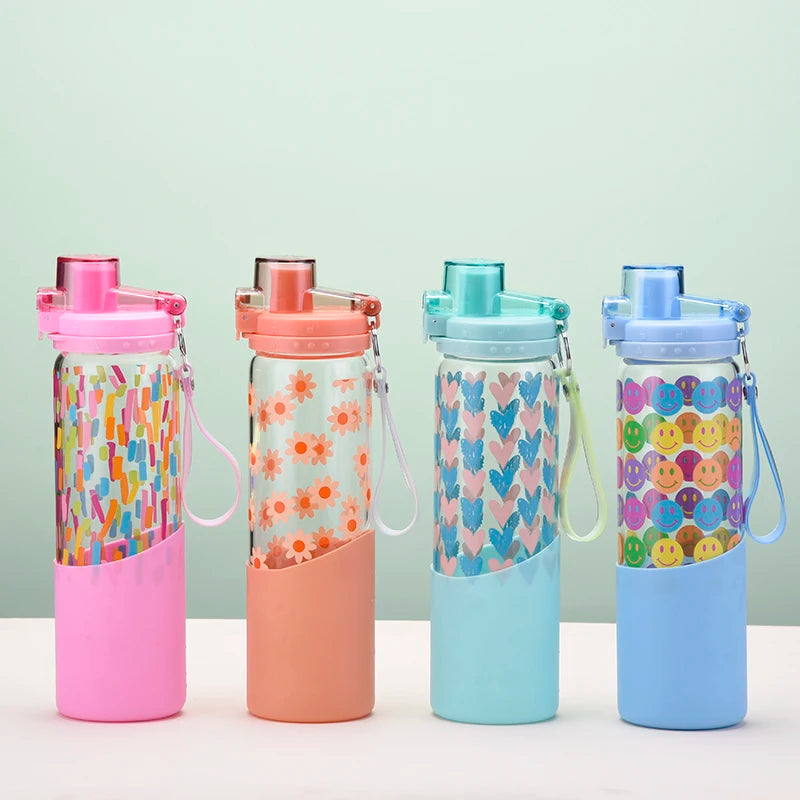 Silicone Sleeve Glass Bottle with Rope Portable Outdoor Sports Water Cup Simple Design Flip-Lock Lid Water Bottle for Students
